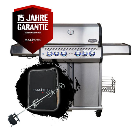 SANTOS S-418 Pro Edelstahl | Seiten- & Heckbrenner inkl. Abdeckhaube & Drehspieß | TST