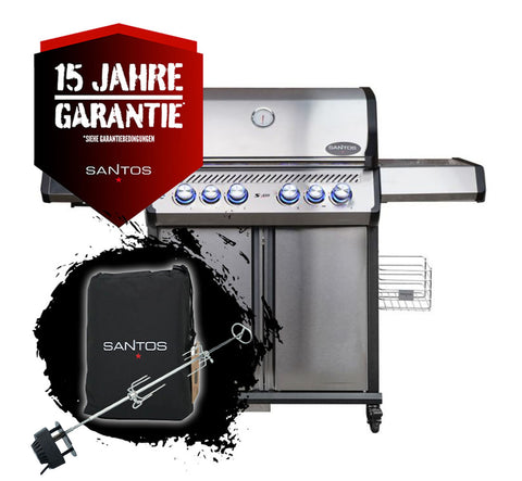 SANTOS S-418 Pro Edelstahl | Seiten- & Heckbrenner | inkl. Drehspieß & Abdeckhaube
